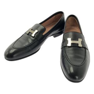 HERMES | Moccasins Paris H Logo Leather Loafers | 37 1 2 | Black Silver |